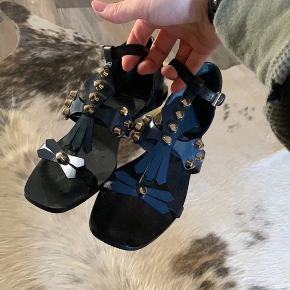 Tory Burch Aurora Leather Studded Ankle-Strap Sandals Blue and Black Size: 6
